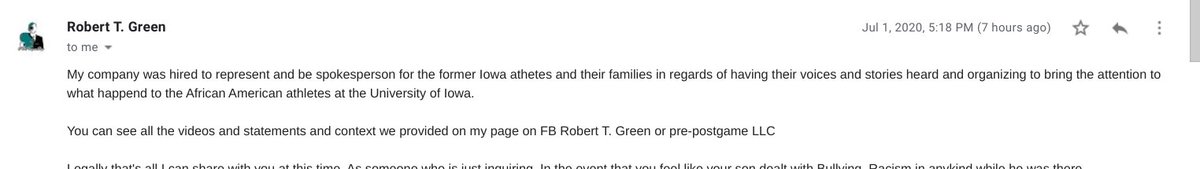 Why is Robert T. Green involved and releasing statements from former Iowa football players and families? Is he a lawyer? No. Is he an organizer trying to change the system? No. Is he seeking to profit off the situation? YES. Was he hired specifically for this purpose? YES 1/