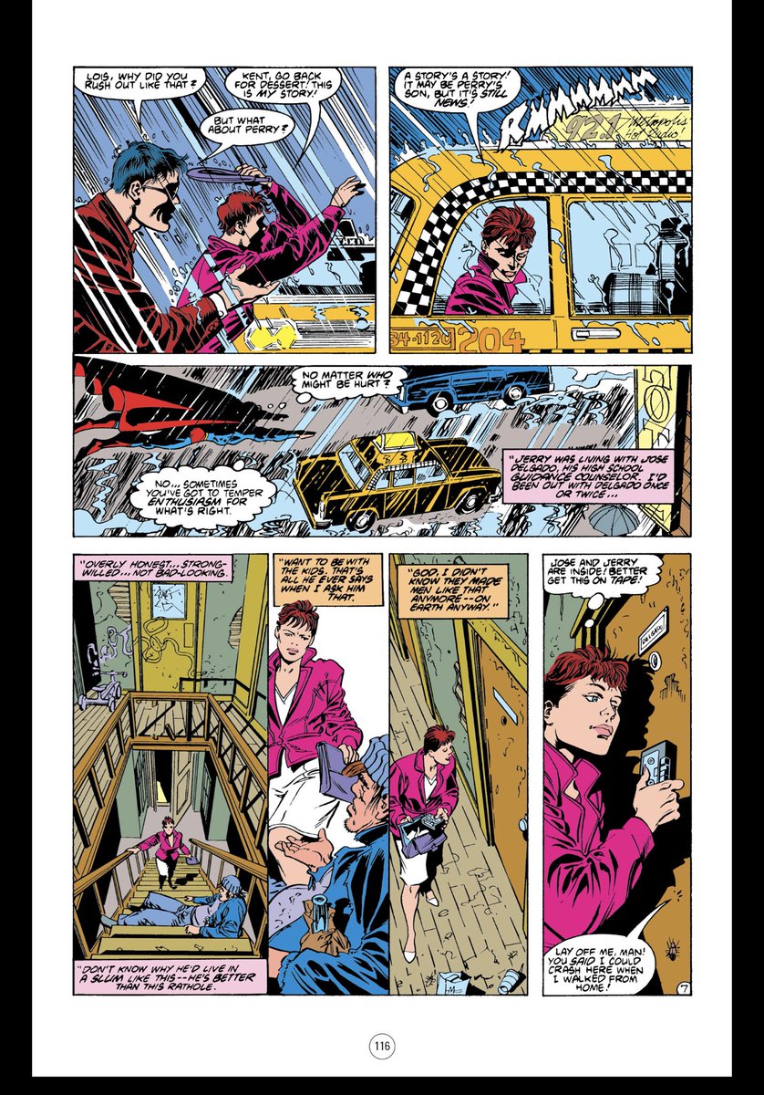 Love the innovative storytelling of Wolfman and Ordway in their book. Here they use a play structure to tell a sad story about Perry White’s wayward son getting mixed up in gang crime, and how Perry can’t protect him from himself or his own reporters. It’s rough emotional stuff.