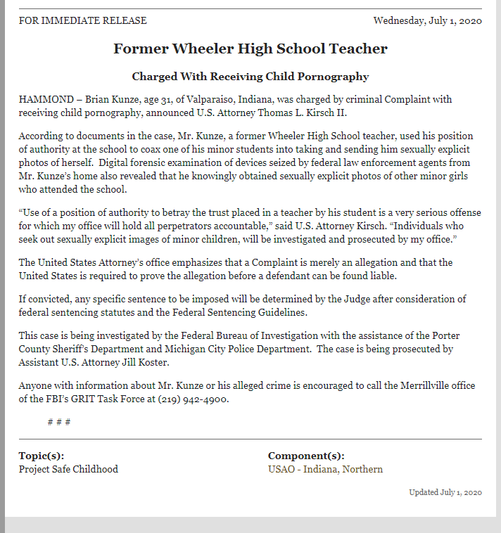  #Justice HAMMOND,INEx-Wheeler High School Teacher CHARGED With Receiving Child Pornography [alleged] #CSE Brian Kunze, 31, Valparaiso,INNDIN  #Kirsch @TraffickStop  https://tinyurl.com/y7o3enbe&nbsp;