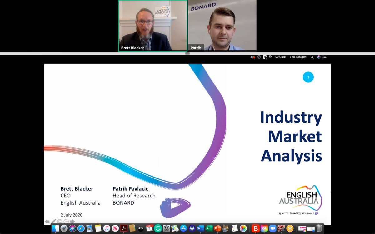BonardGlobal's tweet photo. LIVE from National #ELICOS Market Report Webinar: @Brettpblacker, CEO at @english_aus and Patrik Pavlacic, Head of Research at @BonardGlobal have just opened the webinar presentation that will explore the key findings from the 2019 Annual ELICOS Market Report. #intled https://t.co/jTtJ1gKuym