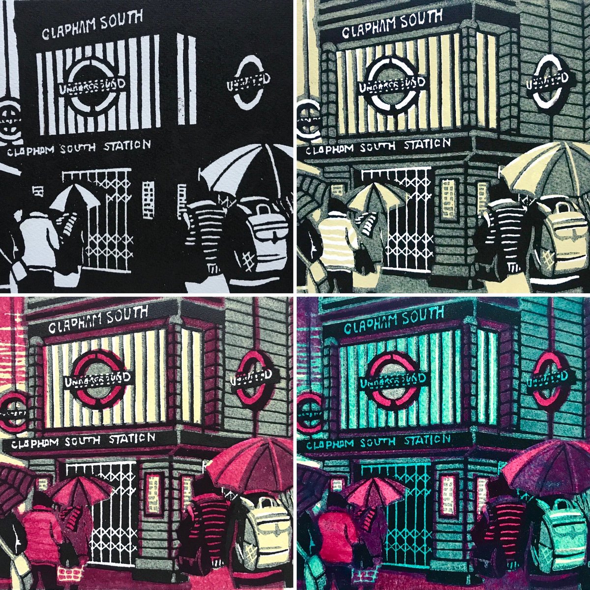 The four print stages of my linocut ‘Tube Strike’. Those were the days...  #ClaphamSouth