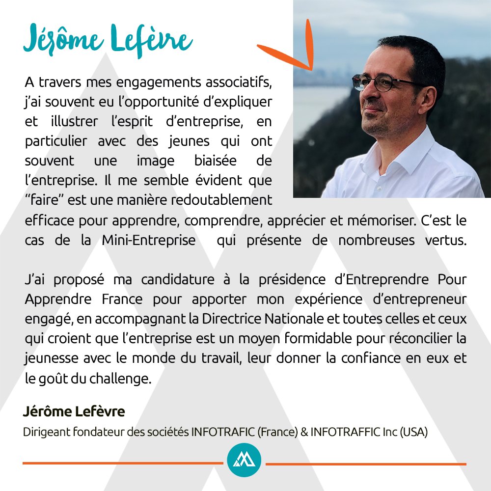 Nouveau Président pour Entreprendre Pour Apprendre France, bienvenue à <a href="/geromelefevre/">Jerome Lefevre</a> dirigeant et fondateur de <a href="/Infotrafic/">Infotrafic</a> que nous sommes heureux d'accueillir. Il succède à <a href="/JLeclercqSdP/">Julien Leclercq</a> qui a passé 3 belles années à nos côtés !