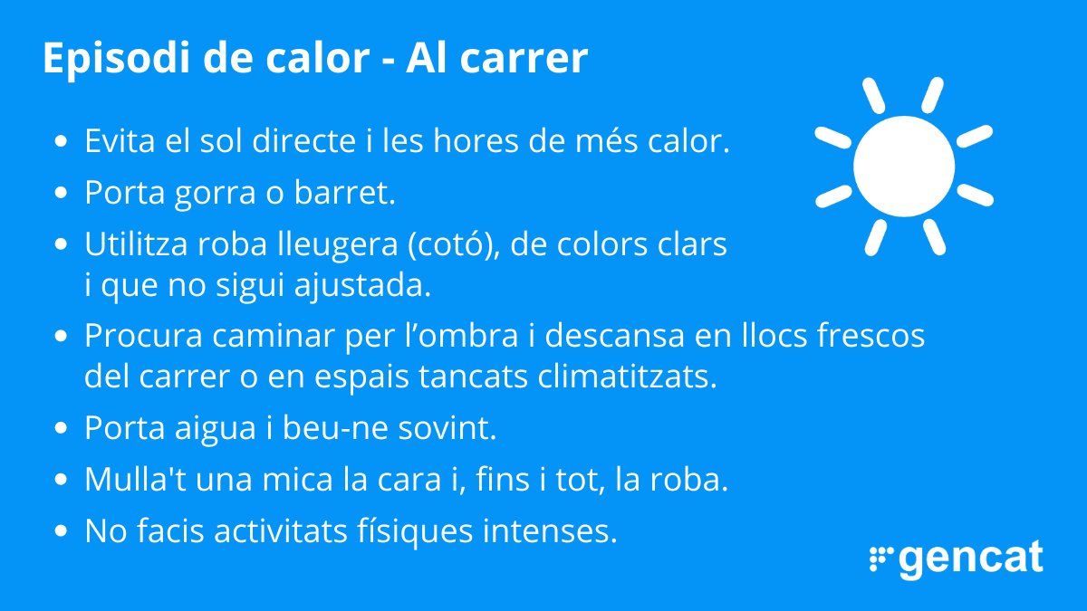 ajlagarriga's tweet photo. A #laGarriga el mes de juliol ha començat amb calor sufocant i amb màximes superiors als 32 ºC. 
El @meteocat ha emès un avís per onada de calor. Quan sortiu a fora, tingueu en compte aquestes recomanacions. https://t.co/AAjJZrK5ZA