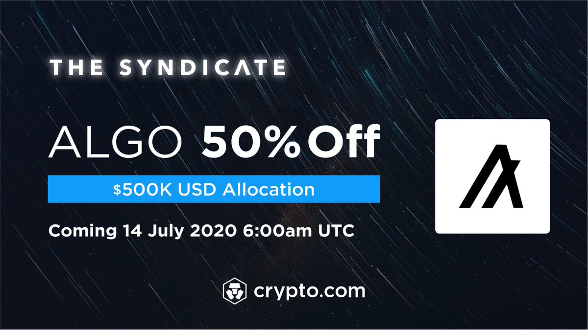 cryptocom's tweet photo. Next on The Syndicate: 50% off on Algorand $ALGO (US$500K allocation) on 14 July 6am UTC. Stake $CRO to participate🔥 
Details here - https://t.co/4S9apx2OAX #ALGO #Algorand #CRO https://t.co/cGKC7fNJxu