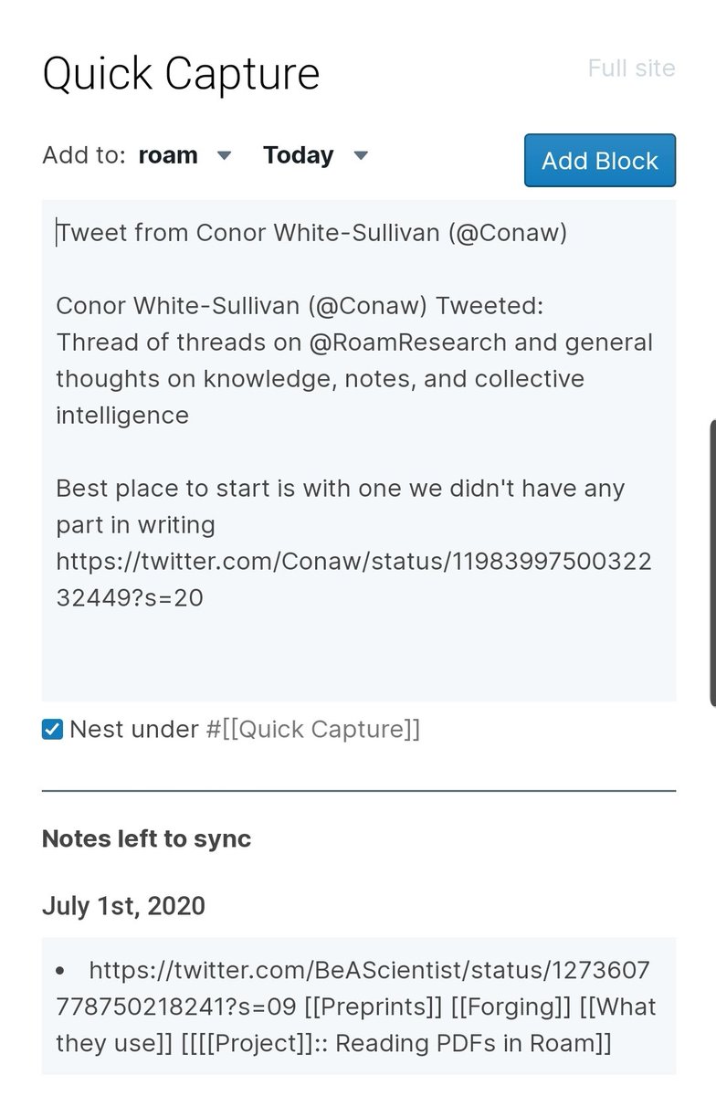 We're pushing up a change in that will let you install Roam on your phone's home screen, which will allow you to 🥁🥁🥁

Share tweet via... <a href="/RoamResearch/">Roam Research</a>