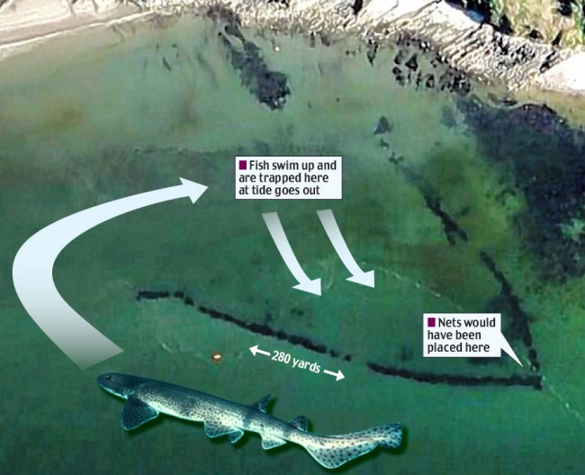 Catching fish in rivers, lakes and tidal waters using traps or weirs is an ancient practice.Coastal traps work by trapping fish behind a barrier as the tide goes out.Such traps are often V-shaped, and at the tip of the 'V' is a sluice - where fish are moved into a net or trap.