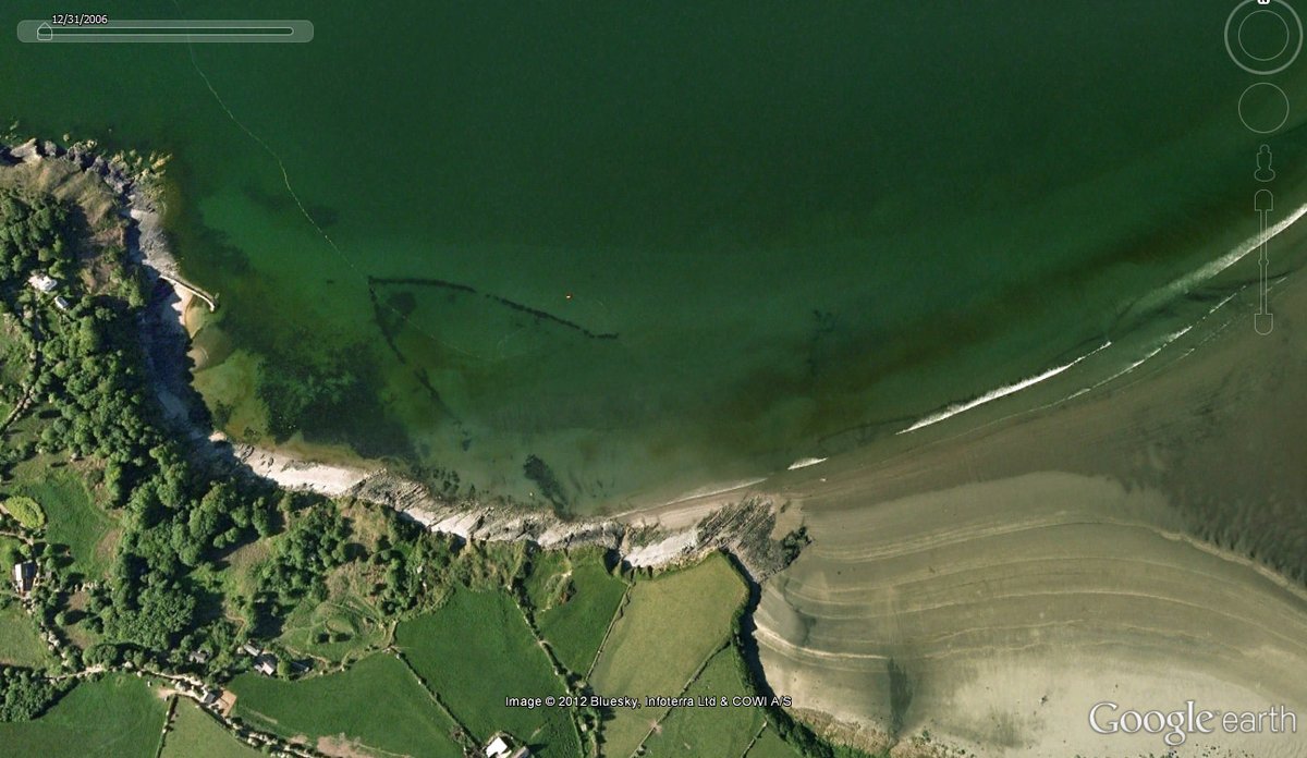 Despite being discovered in a flypast by the Royal Commission on the Ancient and Historical Monuments of Wales, it could easily have been found on Google Earth!More   https://www.walesonline.co.uk/news/wales-news/ancient-fishing-trap-found-welsh-2117854  https://www.dailymail.co.uk/sciencetech/article-1162395/Google-Earth-reveals-fish-trap-rocks-1-000-years-ago-British-coast.html  https://coflein.gov.uk/en/site/24568/details/penrhyn-castle-fish-trap-poppit-fish-trap  http://cardigan-stdogmaels.co.uk/ancient-fish-trap/