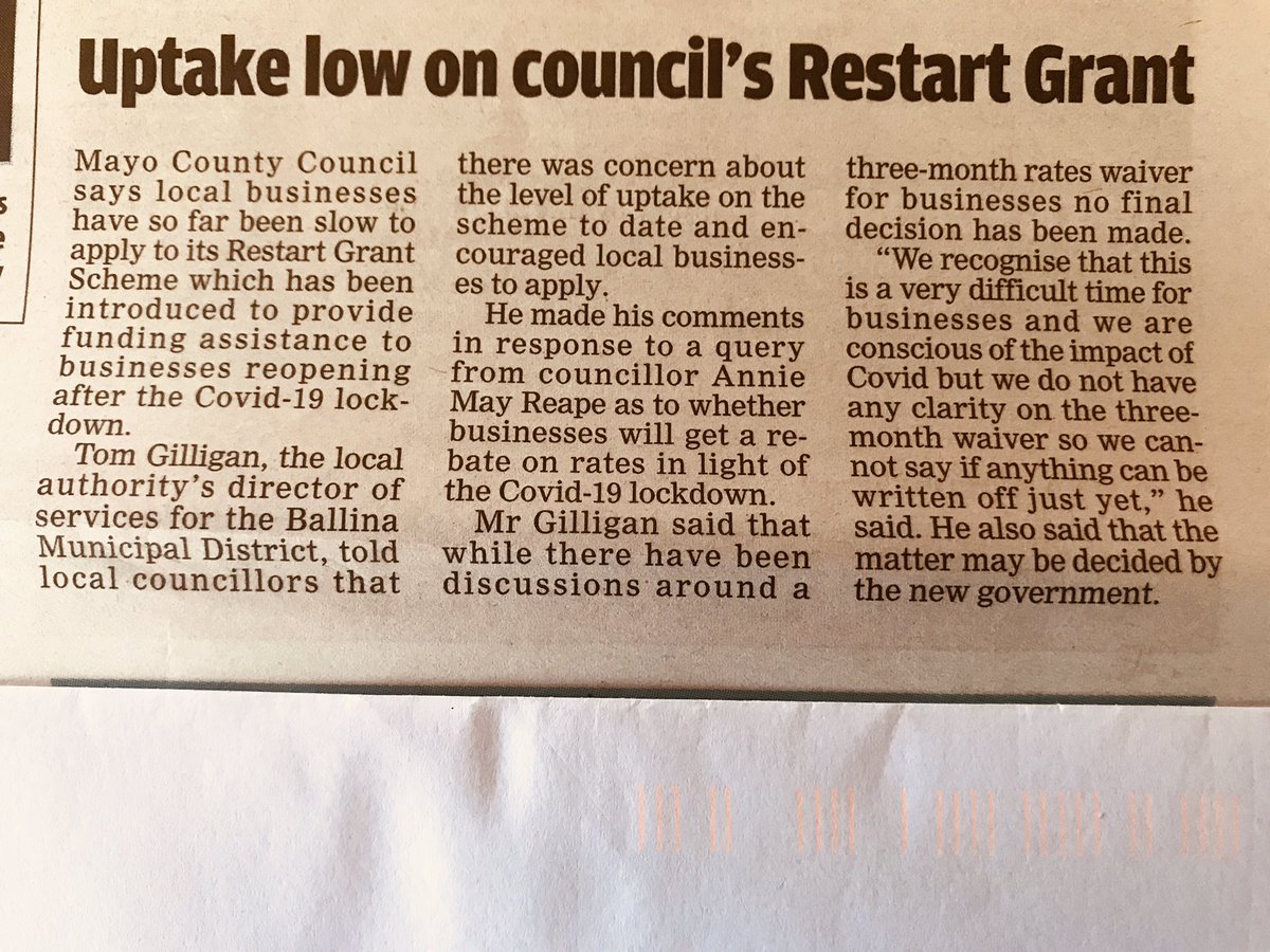 Tom Gilligan (@tomgilliganmcc) on Twitter photo As featured in this week’s <a href="/WesternPeople/">Western People</a> I’m encouraging eligible local businesses to apply to Mayo County Council for the #RestartGrant . The grant can be used to pay ongoing fixed costs, replenishing stock & for measures needed to ensure employee & customer safety. #COVID19 As featured in this week’s <a href="/WesternPeople/">Western People</a> I’m encouraging eligible local businesses to apply to Mayo County Council for the #RestartGrant . The grant can be used to pay ongoing fixed costs, replenishing stock & for measures needed to ensure employee & customer safety. #COVID19
