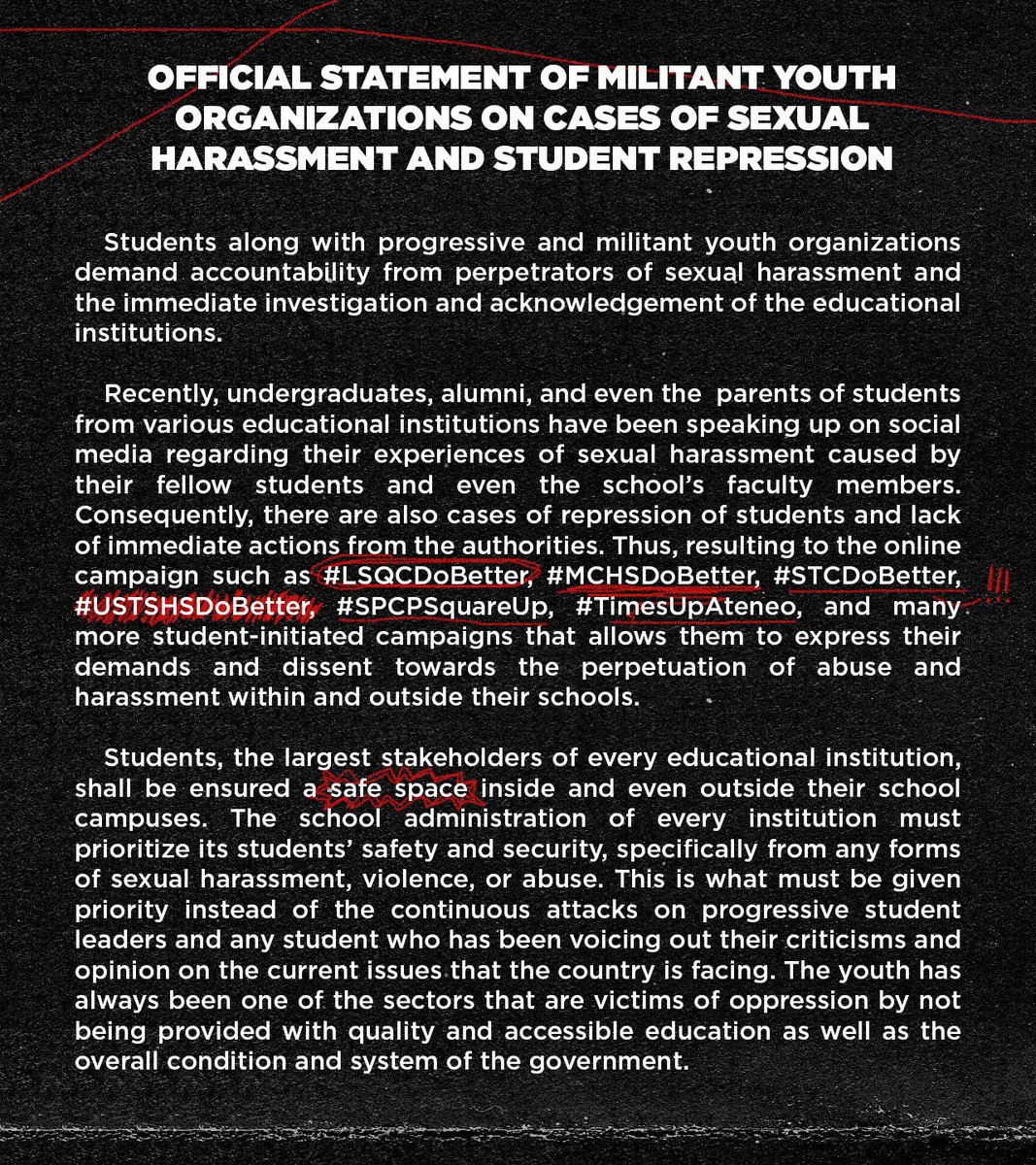 SCMP_UST's tweet photo. In a semi-colonial and semi-feudal society that breeds a patriarchial and repressive system, we stand and continue to fight back with the students and the youth.
#USTSHSDoBetter #USTDOBETTER #ProtectOurStudents
READ THE FULL STATEMENT: https://t.co/oGw6etwWwv