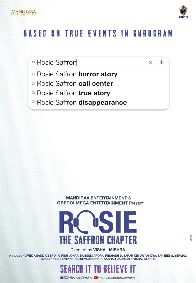 God has been kind! 🙏 We bring you our 2nd film, #Rosie, a horror-thriller franchise based on strange true events in Gurugram. 

Produced by @mandiraa_ent & my home prodn Oberoi Mega Ent, @RosieIsComing will be directed by @mishravishal. 🤞🤞

 @girishjohar #PrernaVArora @IKussum