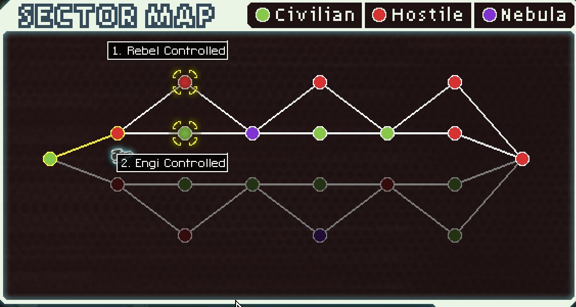 I mean, that's what it WILL be, but I want at least the illusion of choice, yknow? The old 'invisible railroad' thing.FTL has two levels of map - a large sector map which effectively functions as a level select screen, and then the individual sectors are split into beacons