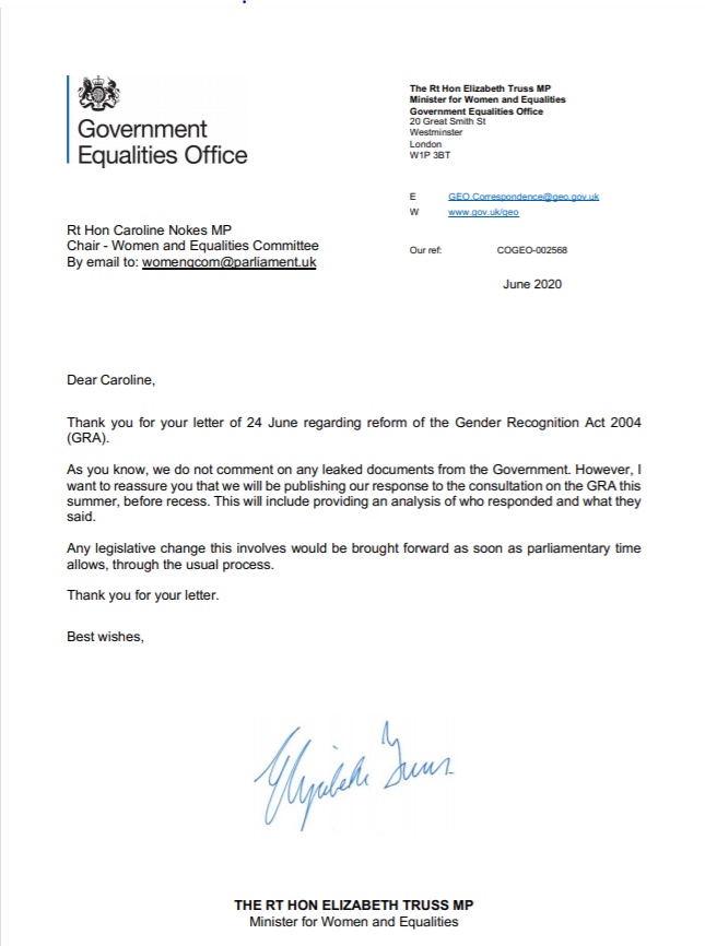 ✍️We wrote to the Minister for Women and Equalities @trussliz to ask about the publication of proposals for the Gender Recognition Act. Read her response here 👇committees.parliament.uk/publications/1…