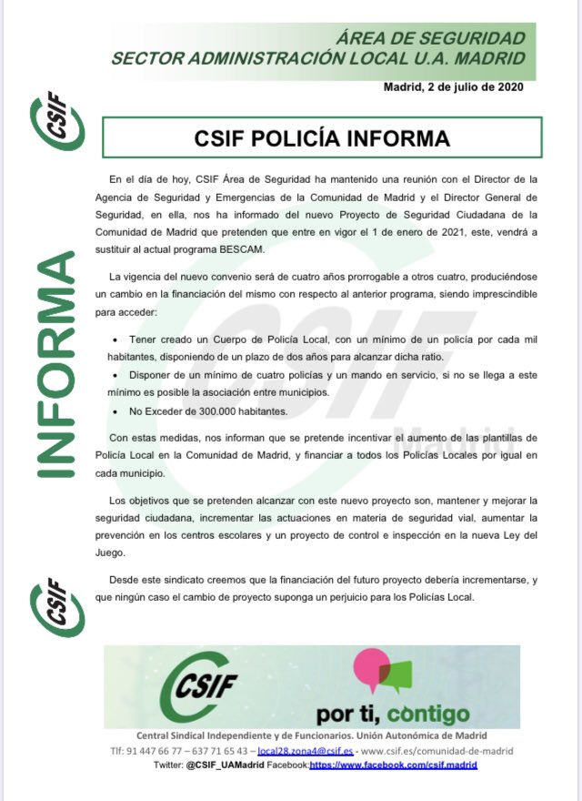 CSIF_POLICIA's tweet photo. Valoramos positivamente cualquier medida que elimine distorsiones en las plantillas de #PolicíaLocal de la @ComunidadMadrid, pero nos preocupa que se puedan reducir los presupuestos y perjudicar a los distintos cuerpos.
Estaremos atentos.
#Bescam
#ProtegerLoPúblico https://t.co/1mLnAgC6oB
