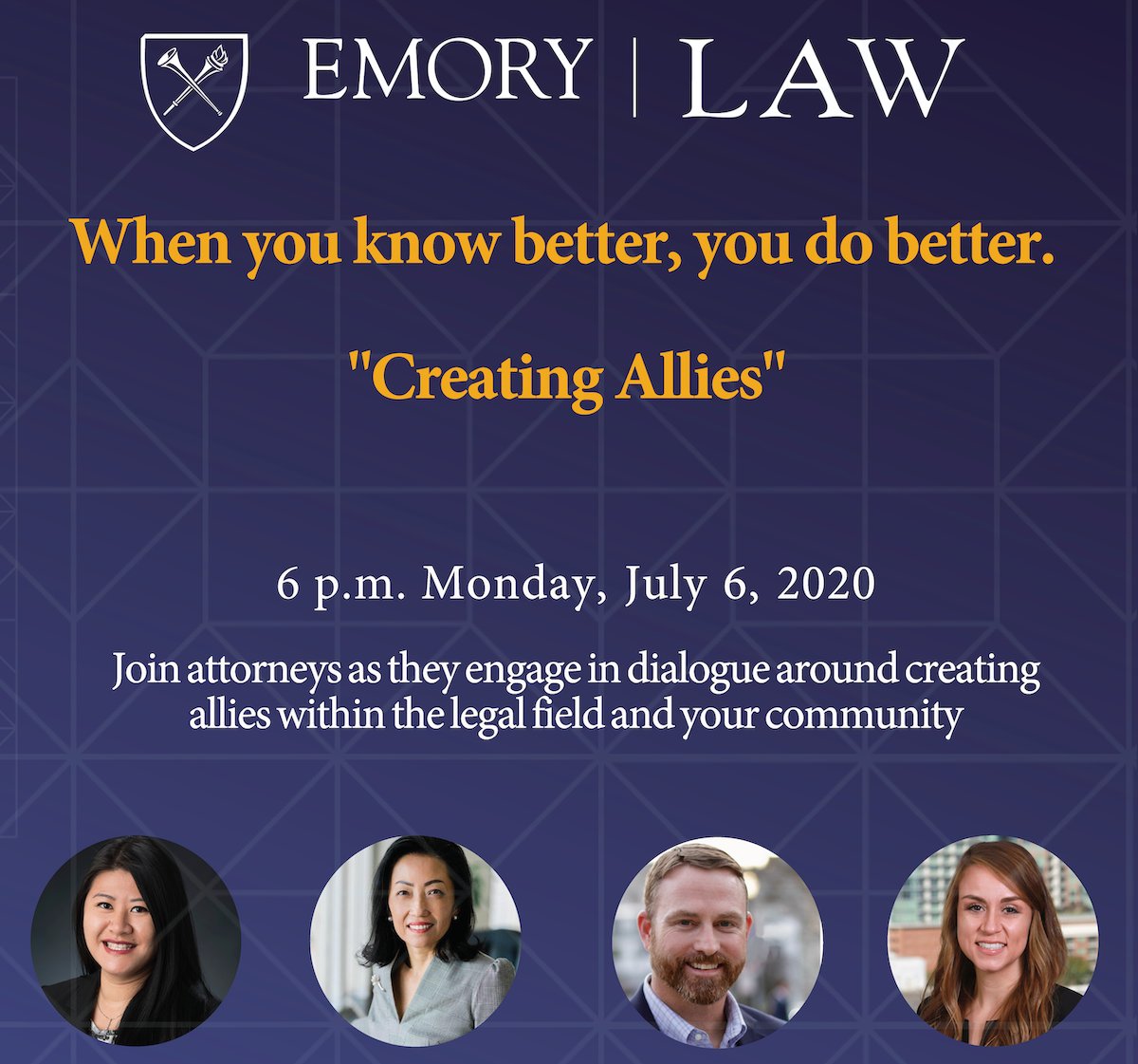 EmoryLaw's tweet photo. Before you head out for the Fourth, sign up for Monday’s webinar: “When You Know Better, You Do Better. Creating Allies,” in the legal field. With Kasey Chow 06C 11B 11L, Angela Hsu 95L & Lisa Wolff 11L (& Stephen Reeves) #ELAWConnect
https://t.co/6fI5DX2S9N https://t.co/xtqDa4WJC9