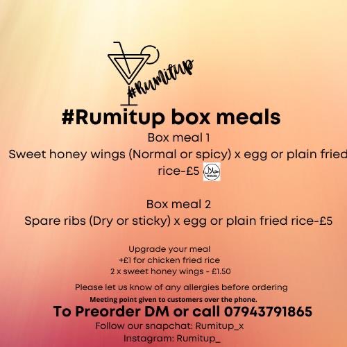 Rumitup_'s tweet photo. Our food pop up is back today‼️don’t miss out on our fingerlickin’ wings🤤 Check out our box meal combos which include our #Rumitup bottles. DM or call 07943791865 to order‼️#rumpunchcocktail #rumpunch #foodpopup #sweethoneywings #stickyribs #blackchinese https://t.co/EBKL87tICM