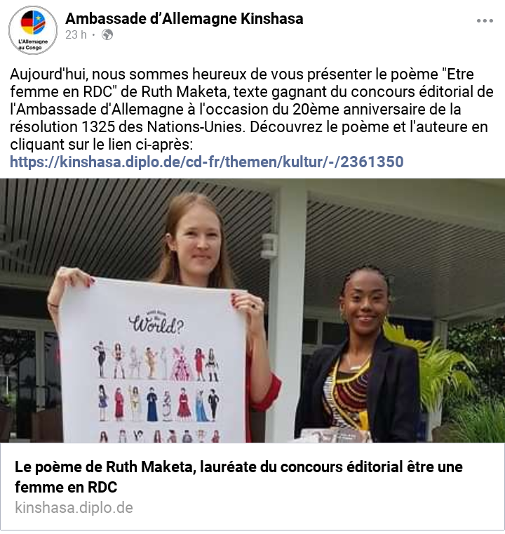 MariettieD's tweet photo. @Generous_asbl présente ttes ses félicitations à Ruth MAKETA,étudiante en médecine &amp; membre de la Health Team Generous,gagnante du concours éditorial 
de l'ambassade d'Allemagne à l'occasion du 20ème anniv de la résolution 1325.Ns sommes si fiers de toi!

https://t.co/3C9kDWUeFz https://t.co/wcbCFW4mrK