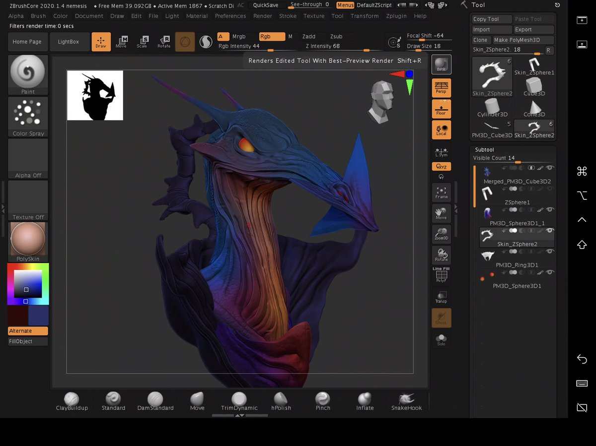simonsherry's tweet photo. Tonight’s exercise in zbrush core Nemesis the Warlock from @2000AD #credo #thrillpower #sculpture https://t.co/TUeWrCS30b