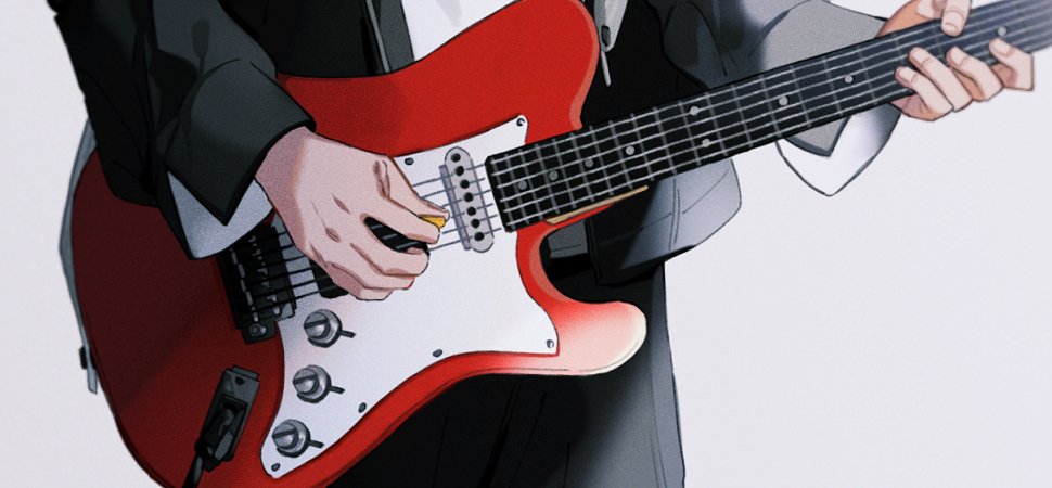 1boy male focus guitar hood instrument red hair solo  illustration images