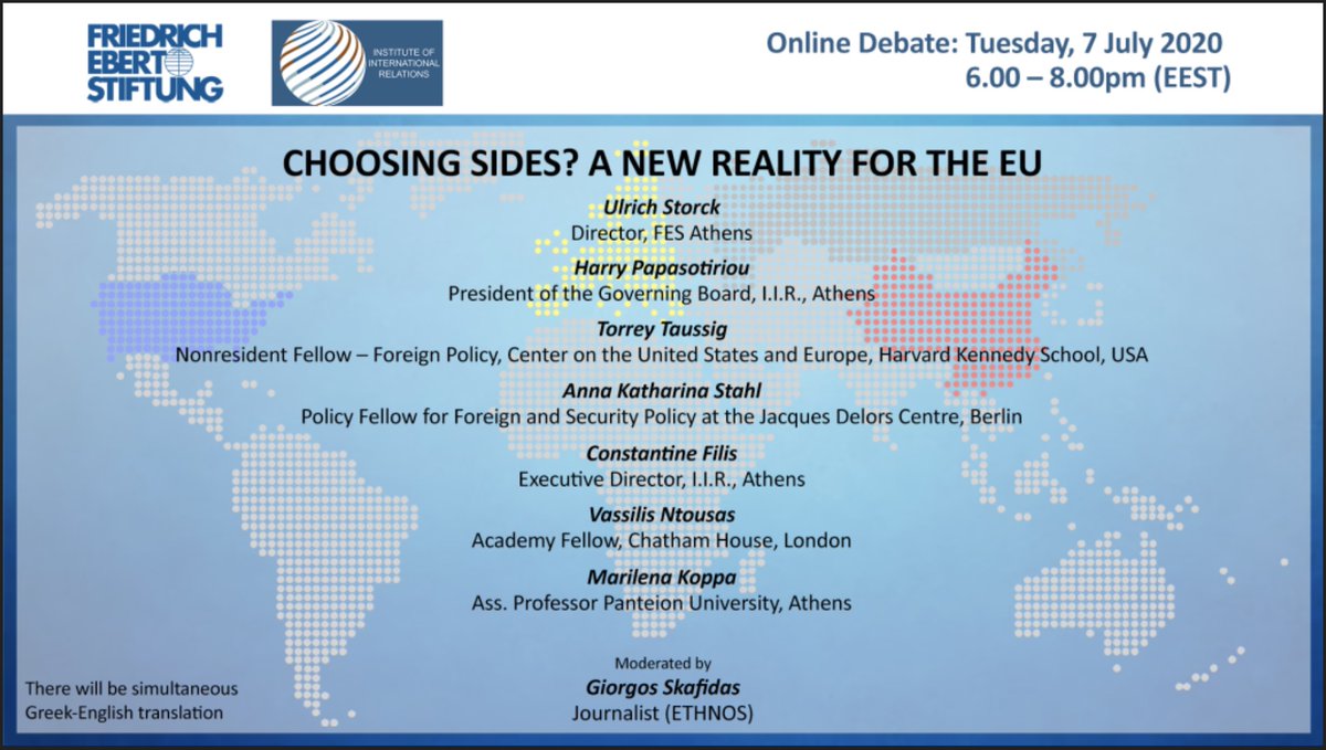 🗣️ Next Tuesday 7/7, I'll have the pleasure of participating in an online debate focusing on 🇪🇺 foreign policy w/ @ankatstahl, @torrey_taussig, @confilis and @MarilenaKoppa, co-organised by the Athens office of @FESonline and @mcidis. Register here: 👉 fes-athens.org/event/online-d…