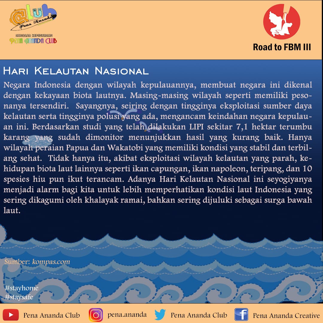 Tahukah kamu Hari Kelautan diperingati untuk menekankan kepada masyarakat betapa pentingnya ekosistem laut bagi Indonesia. Dengan adanya hari peringatan ini masyarakat Indonesia lebih bisa menjaga keseimbangan dari ekosistem yang ada didalam laut.
#HariKelautanNasional