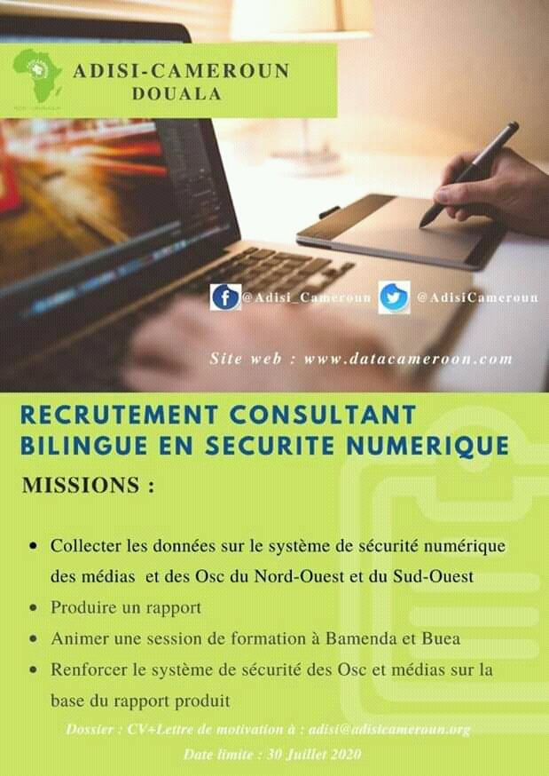 AdisiCameroun's tweet photo. Postulez 💥💥 pour le poste de consultant bilingue en sécurité numérique dans le cadre du "projet de renforcement de la sécurité numérique des médias et Osc du Nord-Ouest et Sud-Ouest". https://t.co/pKyMtpHGTz
