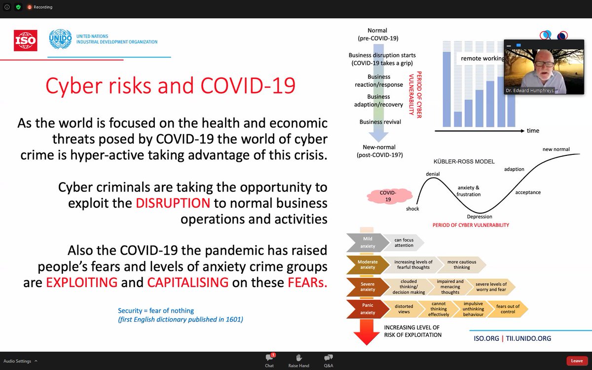 UNIDO_QI's tweet photo. #HappeningNow: at @UNIDO &amp; @isostandards webinar Dr. Edward Humphreys discussing the #CyberRisks ⚠️🔍 that have emerged during #COVID19 and how businesses are managing this #disruption and are responding to it, in order to adapt and recover.
#ISO27001 https://t.co/gwYj7RxsKy
