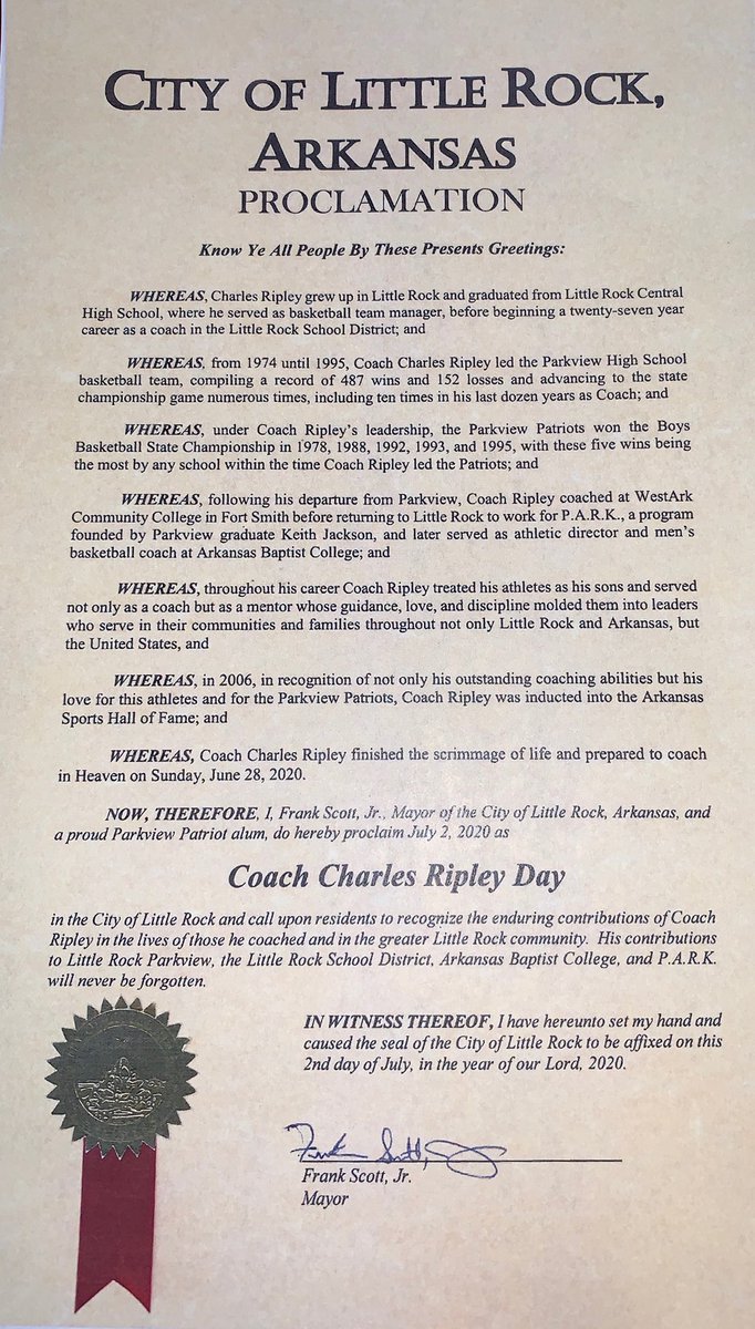 FrankScottJr's tweet photo. It is my honor to declare July 2, 2020, as Coach Charles Ripley Day in #LittleRock. Today friends and former players gather to pay tribute to his memory, his life and legacy. His lessons of integrity, respect, and fair treatment of everyone are lessons we can all apply every day! https://t.co/gRMe7P6Mb5