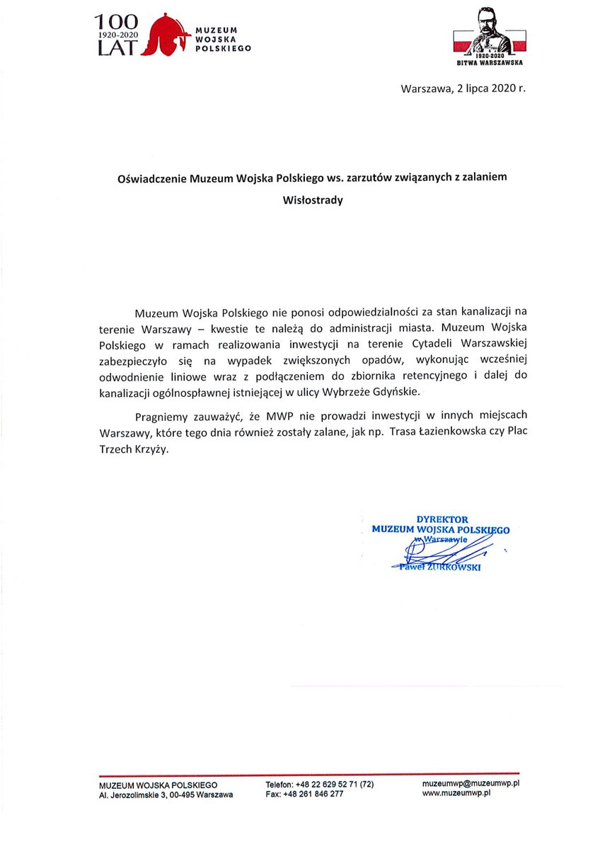 Oświadczenie Muzeum Wojska Polskiego ws. zarzutów związanych z zalaniem Wisłostrady. Prosimy o RT!