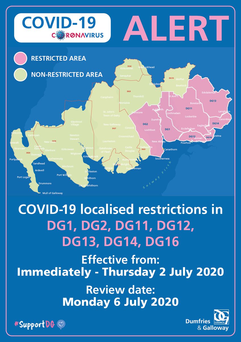 Following the First Minister announcement earlier, parts of D&amp;G now have local restrictions in place (see map area in pink). This Scottish Gov decision will have an impact for many of us. Here's a joint statement from NHS &amp; us - crowd.in/wCsHnG. Stay safe folks #SupportDG