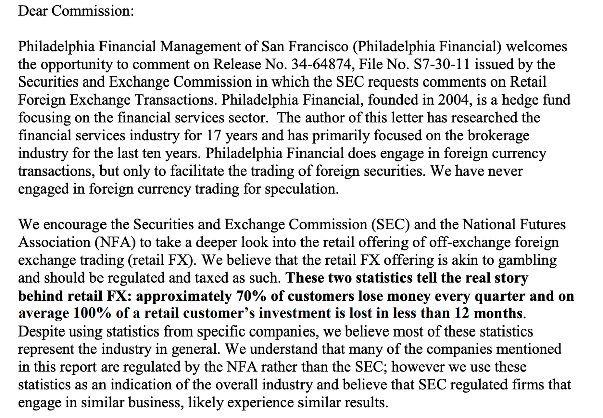 It’s not just stocks of course. Here is a letter someone sent to SEC, estimating that 70% of retail traders of FX lose money every quarter and on average 100% of a retail customer’s investment is lost in less than 12 months. HT  @eva_szalay  https://www.sec.gov/comments/s7-30-11/s73011-10.pdf