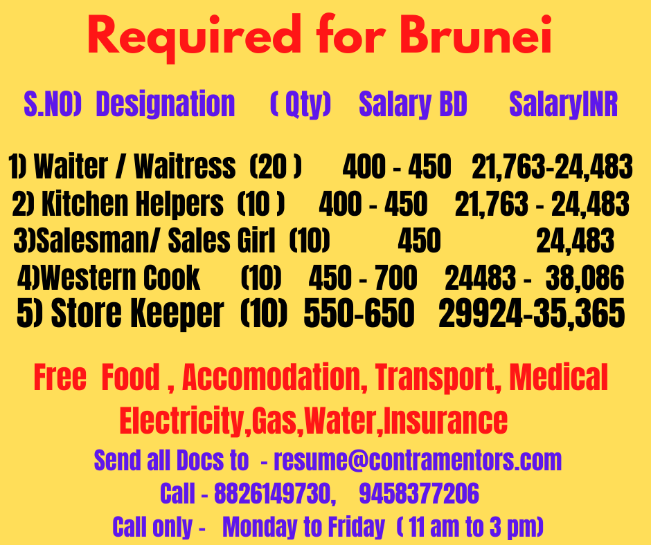 contramentors's tweet photo. Required For a leading #Hospitality Brand in #Brunei
Abroad Jobs: #Waiter #Waitress #KitchenHelpers #Salesman #Salesgirl #Cook #Storekeeper
Benefits: Salary=Rs.22K-36K + Free Food, Accom. Transpot. & more
Call: 9458377206, 8826149730, 9068477377
eMail: resume@contramentors.com https://t.co/UXutbEDhvG