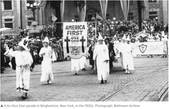 First...America First.Straight up nativist and a favorite saying of the Ku Klux Klan. Read  @sarahchurchwell on this. Her book delves deeply into this history (link to that below). https://www.amazon.co.uk/Behold-America-History-First-American/dp/1408894807