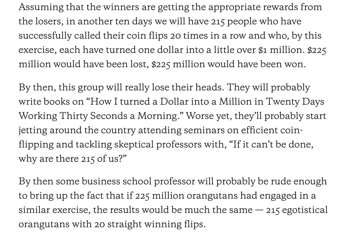 Of course, some will just through the law of probability end up doing well, and will tout their skill as evidence that it can be done, and try to sell their services. But as Warren Buffett pointed out in a famous speech in 1984, this is a fallacy.  https://www8.gsb.columbia.edu/articles/columbia-business/superinvestors