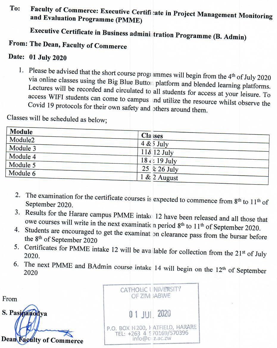 Attention:To all short course students lectures begin from the 4th of July 2020 via online classes.Read the attached document for more information