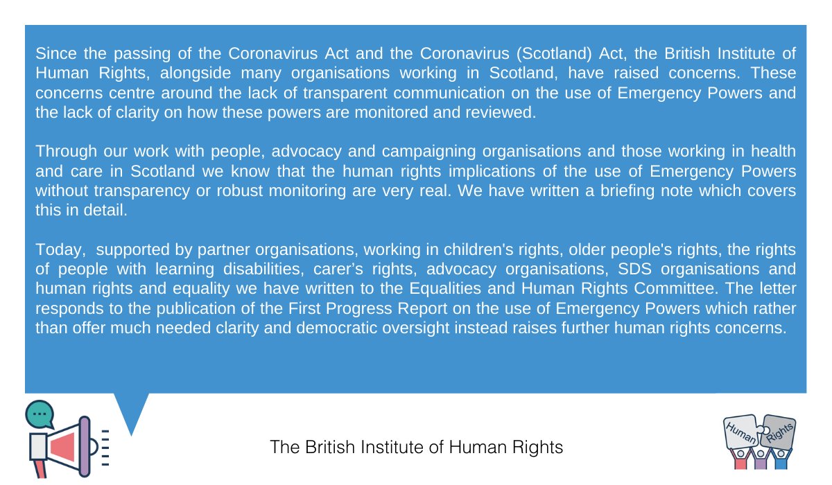 Thread 1/5: Today, alongside colleagues in Scotland we've written to the Scottish Parliament, Equalities and Human Rights Committee to raise our  #HumanRights concerns of the use of Emergency Powers without transparent communications and robust monitoring.  https://www.bihr.org.uk/Handlers/Download.ashx?IDMF=1a4b163f-1ad1-4d47-b91c-352c732f1fc7