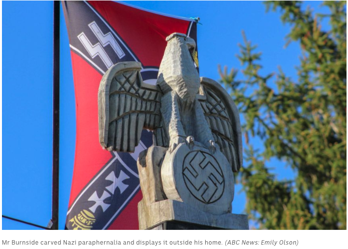 Here is the eagle carved by a proud neo-nazi in Pennsylvania. https://www.abc.net.au/news/2019-07-07/potter-county-residents-decry-the-neo-nazi-next-door/11243672