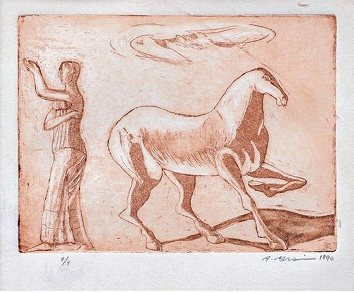 AlSharekhArt's tweet photo. A figure dancing with a horse in an empty space where only the two of them happily exist. Perhaps they are praising the Gods for their good blessings.
Artist: Ahmed Morsi
Year: 1990
DIM: Height: 15cm x Width: 15cm
#ahmedmorsi #alsharekhcollection https://t.co/kD6Mi7hvaD