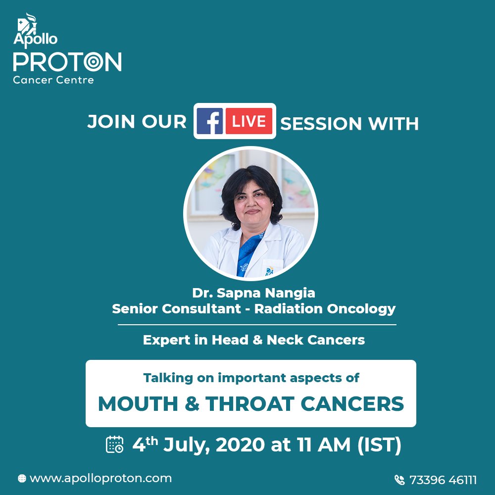 ApolloProton's tweet image. Join our #Facebooklivesession at 11 AM (IST) on 4th July with Dr. Sapna Nangia, Senior Consultant - Radiation Oncology, and our expert in Head &amp;amp; Neck Cancer treatment at APCC.

Dr. Sapna will be sharing her insights on all that you need to know about #HeadAndNeckCancers.