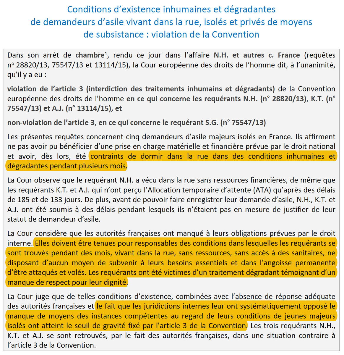 Droit d'asile &amp; dignité : La #France est condamnée par la #CEDH en raison des conditions d'existence inhumaines &amp; dégradantes subis par des demandeurs d'asile.

Cette situation (récurrente en #France) a été jugée contraire à la dignité des personnes.

=> bit.ly/2VBj3EE