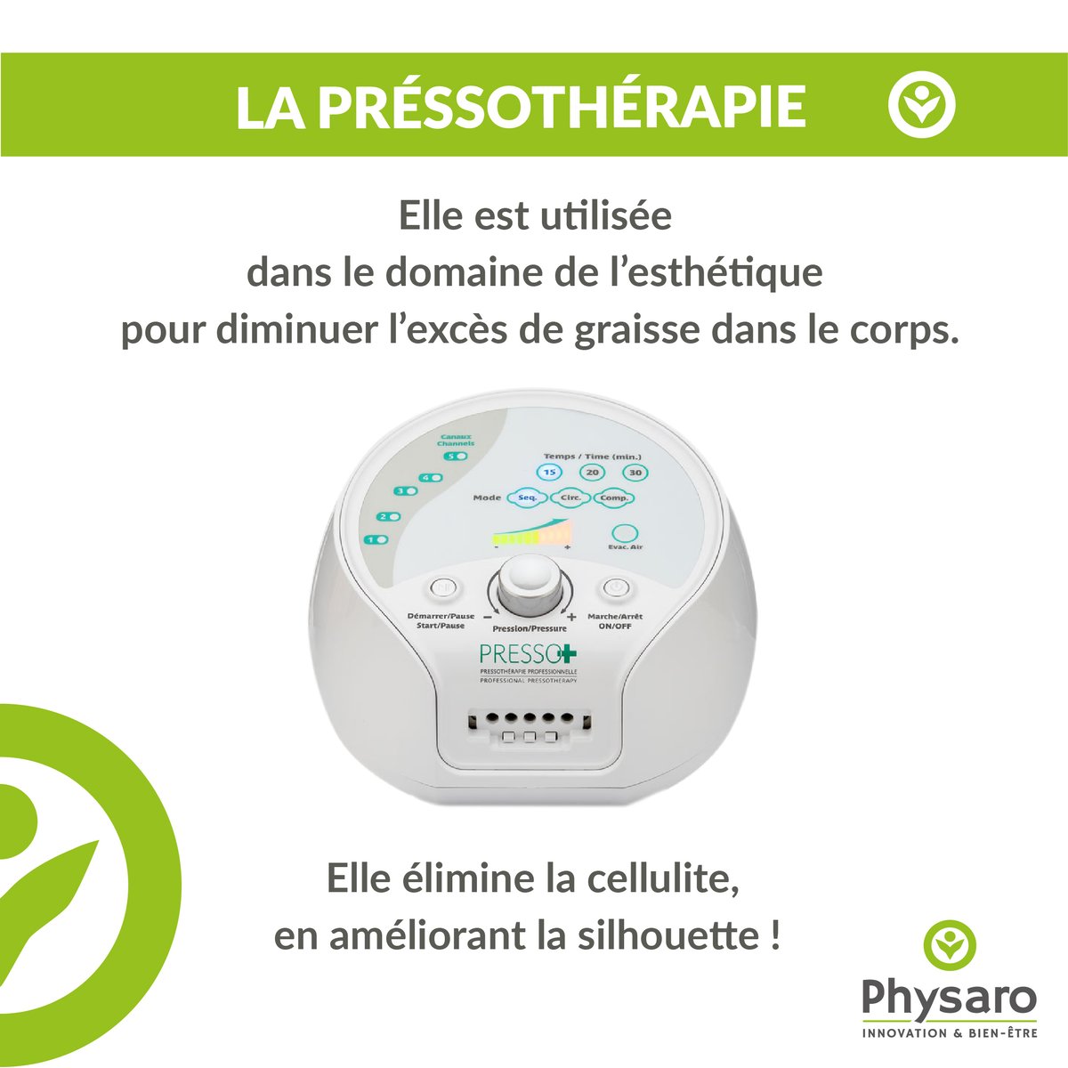 La pressothérapie est utilisée dans le domaine de l’esthétique pour diminuer l’excès de graisse dans le corps, elle élimine la cellulite, en améliorant la silhouette !  #PHYSARO #BienEtre #Innovation