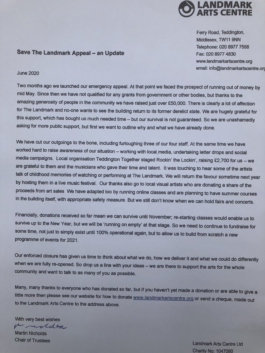 LandmarkArts's tweet photo. Some wonderful volunteers have been walking the streets of #Teddington delivering these. If you have one would you display in your window to help our campaign? 🙏 @TeddingtonC @TeddingtonNub @TeddingtonLoves @RichmondComLink #saveourvenues https://t.co/n9POypDDdU