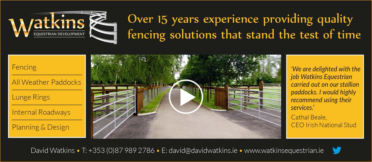 💪 <a href="/Watkins_Eq/">Watkins Equestrian Development</a> has over 15 years experience providing quality fencing solutions that stand the test of time.

⭐️Fencing ⭐️ All Weather Paddocks ⭐️ Lunge Rings ⭐️ Internal Roadways ⭐️ Planning &amp; Design ⭐️

📽️ Check them out here 👉 watkinsequestrian.ie