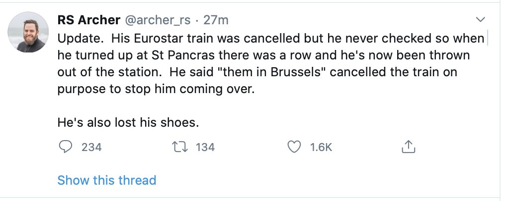 just in case we're all still interested, no Eurostar trains have been cancelled today, the company's been running its current timetable since before the son supposedly decided to travel to France, and the next train leaves in 15 minutes