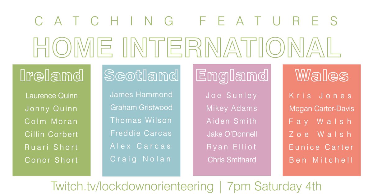 OrienteeringU's tweet photo. The Virtual Home International takes place this Saturday between 19:00-20:30. That's teams from Wales, Scotland, Ireland and England. Individual and relay in Catching Features. You'll be able to watch the action over on our Twitch channel. https://t.co/D3lMXd9dl1

@CatchingLeague https://t.co/p8D1xdFigx