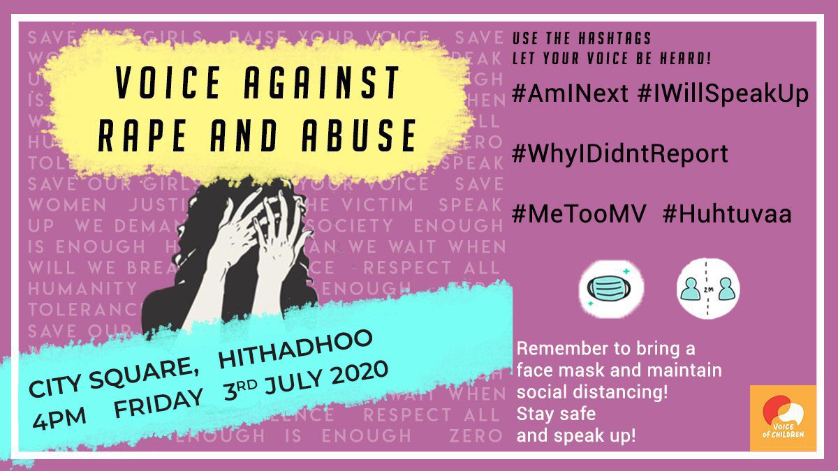 Movement calling for the protection and implementing swift action on child-related issues and the injustices faced. Join us tomorrow evening! 

#IStandAgainstRape #MeTooMV #IWillSpeakUp #AmINext #WhyIDidntReport #Huhtuvaa #VoiceOfChildren