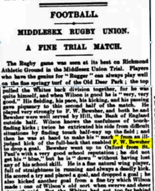 Fred played in a Rugby trial match in 1909 and gets a glowing report highlighting his outstanding wing play!