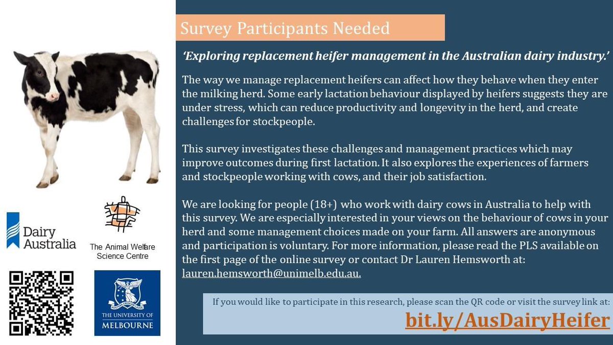 awssum_gsa's tweet photo. 🐮 Australian Dairy Farmers 🐮 if you work with #dairycows and/or #dairycalves in any capacity within the #australiandairy industry, you can help our member @CowLaura with her PhD research by completing this survey: https://t.co/an0WJjflHj https://t.co/HYikU57JTQ