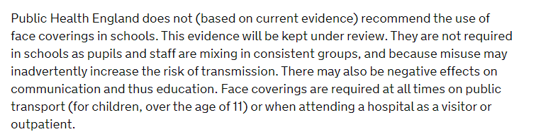 I feel like I'm being gaslighted by  @educationgovuk here. How can face coverings be required on buses but be of no benefit in classrooms?