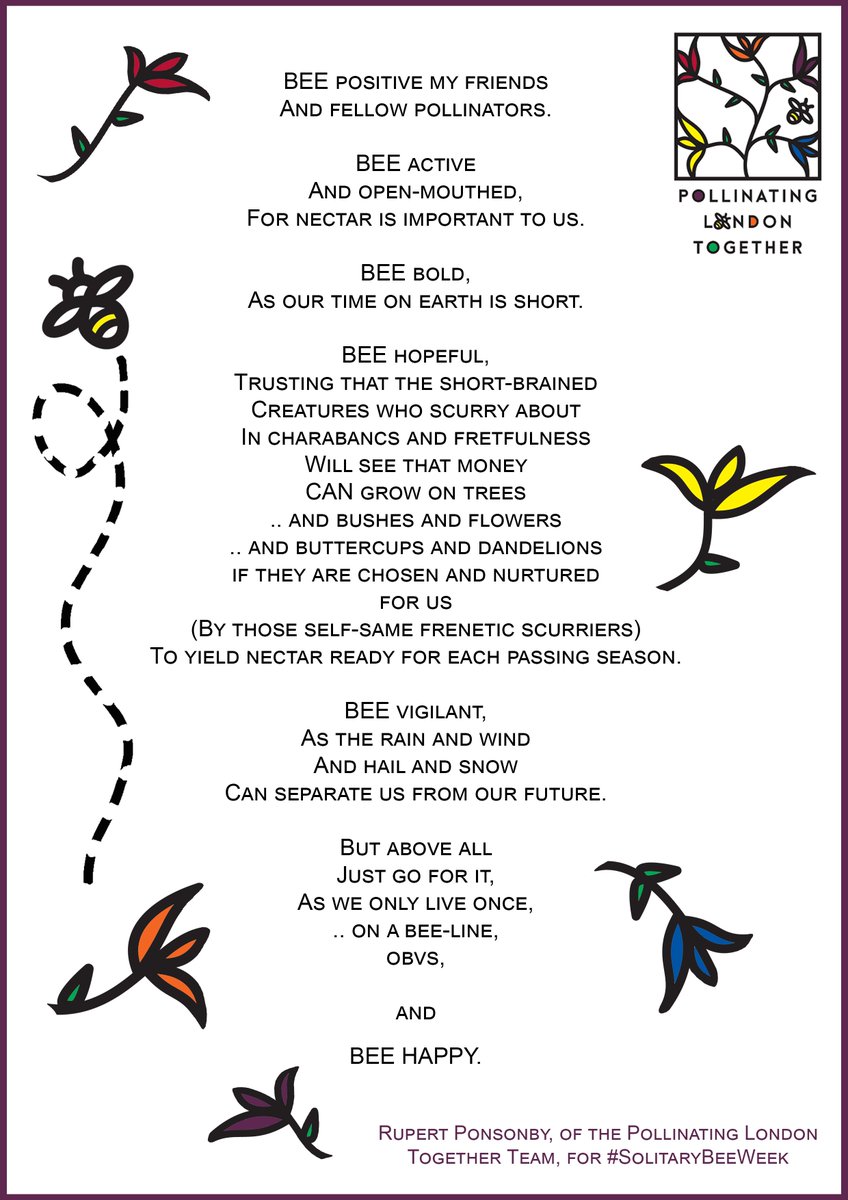 PollinatingLT's tweet photo. If you were to meet the volunteers of the #PollinatingLondonTogether team, &amp; were then asked to guess which one penned this poem for #SolitaryBeeWeek2020 you'd win no prizes for guessing it came from the beautiful brain of our wonderful Rupert. @SolitaryBeeWeek #PoetBee https://t.co/S6bg6p6hI5