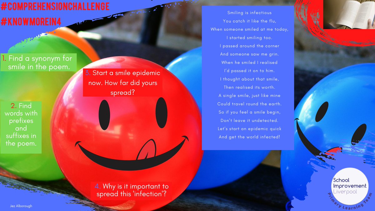 SIL_EduSupport's tweet photo. Happy Thursday! #ComprehensionChallenge π today is all about spreading A SMILE! Thanks to @Depheadstannes for sharing this earlier in the week
Listen to @JezAlborough read it here π https://t.co/zuarkGa1AP
βοΈAnswer the questions below and become SUPERSPREADERS!
#knowmorein4 https://t.co/A9dzn4UHLt